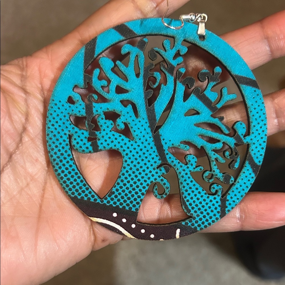 Large Teal & Black Wooden Tree of Life Statement Earrings Approx 3in Round. OOAK